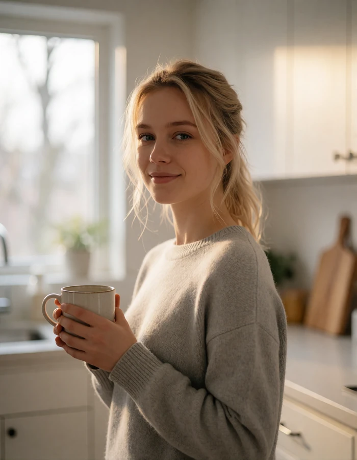 Light-haired Polish woman holding a mug in a bright modern kitchen wearing a soft grey sweater