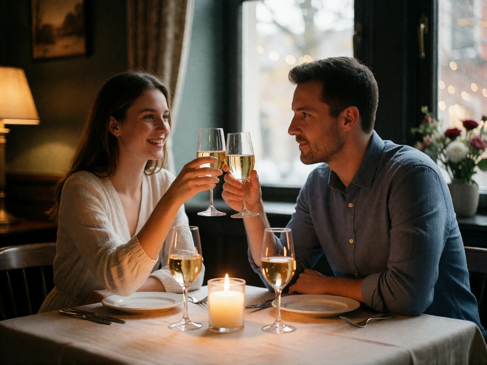 Couple at a candlelit restaurant table raising a glass and smiling warmly at one another