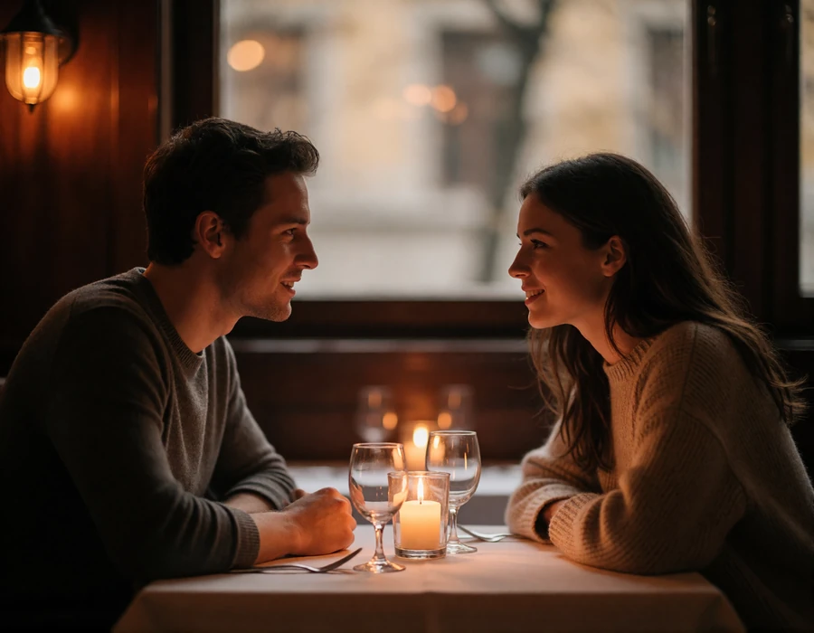 Couple leaning toward each other in relaxed conversation at a candlelit restaurant table