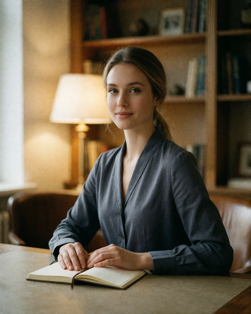 Belarusian woman with a low ponytail seated at a reading-room desk, smiling warmly