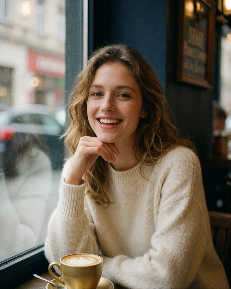 Cheerful Czech woman with wavy light-brown hair laughing gently by a café window with a cappuccino