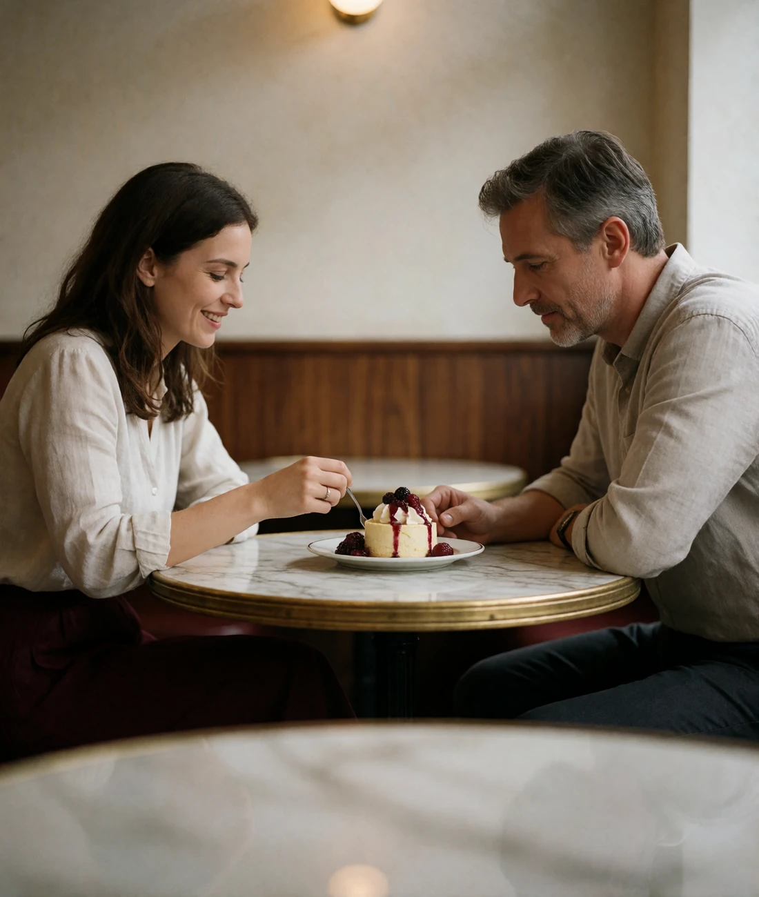 Couple in their late thirties seated at a marble cafe table, the woman smiling as she reaches for a shared dessert while the man leans in attentively