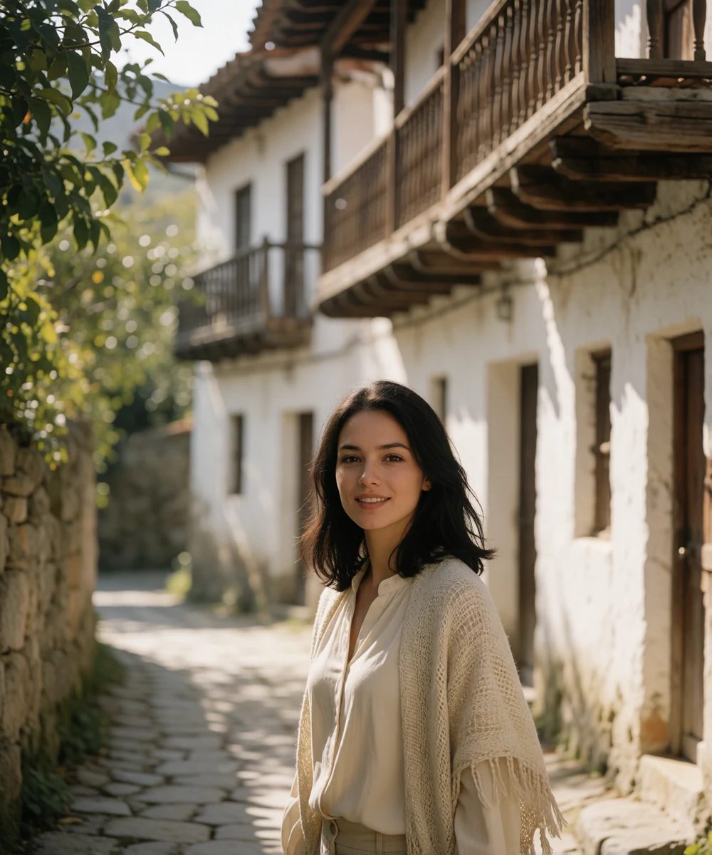 Bulgarian woman in a cream blouse walking along a stone-paved village lane with whitewashed walls