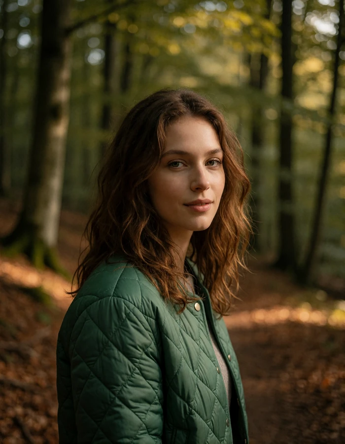 Wavy-haired Romanian woman in a green quilted jacket standing on a shaded forest path