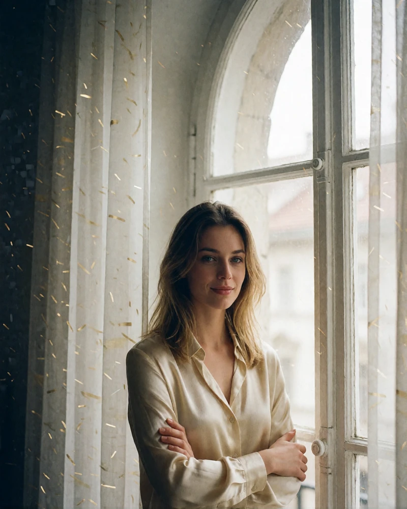 Hungarian woman with dark blonde hair in a cream shirt standing by a tall arched apartment window