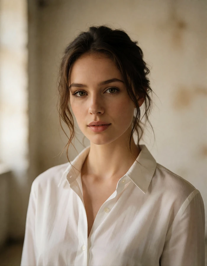 Brunette Ukrainian woman wearing a crisp white shirt in a softly lit neutral interior
