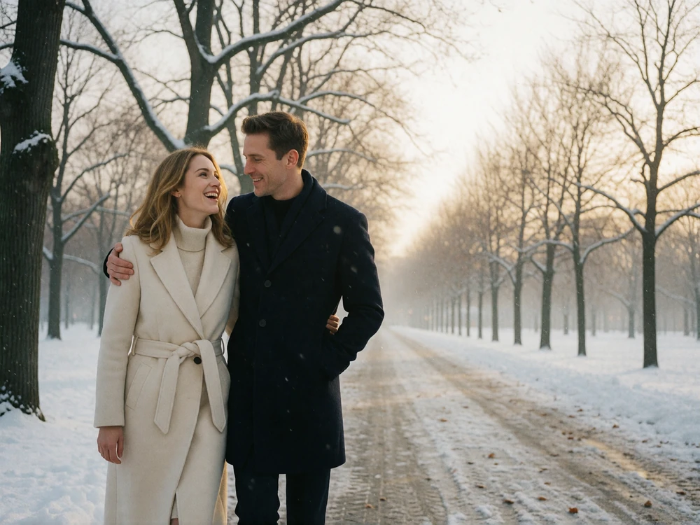 Couple walking together along a snow-dusted park avenue, the man with an arm around the woman as she laughs