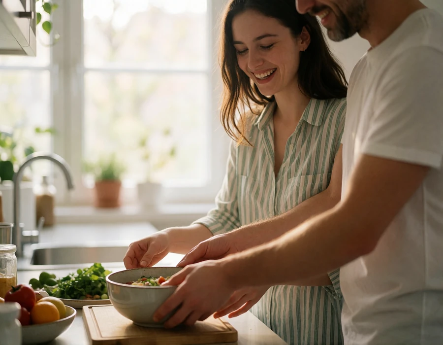 Couple preparing a meal together in a bright kitchen, laughing as they cook side by side