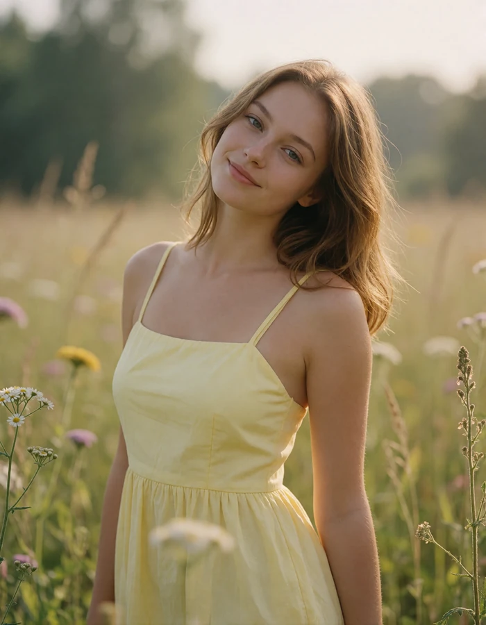 Light-brown-haired Romanian woman in a pale yellow sundress smiling in a summer meadow