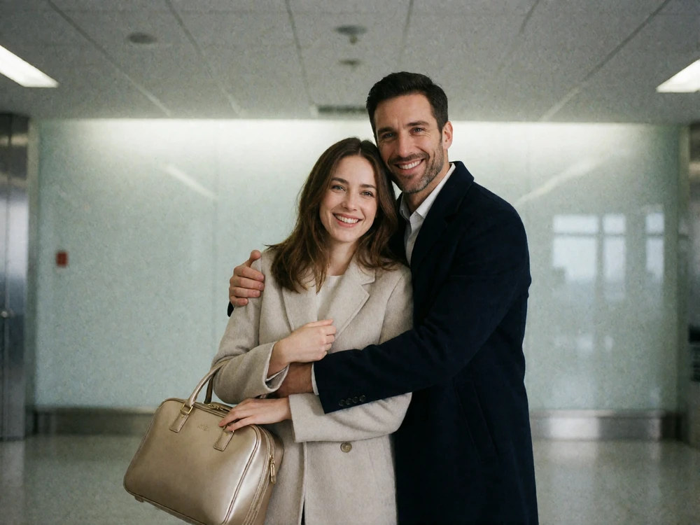 Couple embracing at an airport arrivals hall, the woman holding the man closely with relief and joy