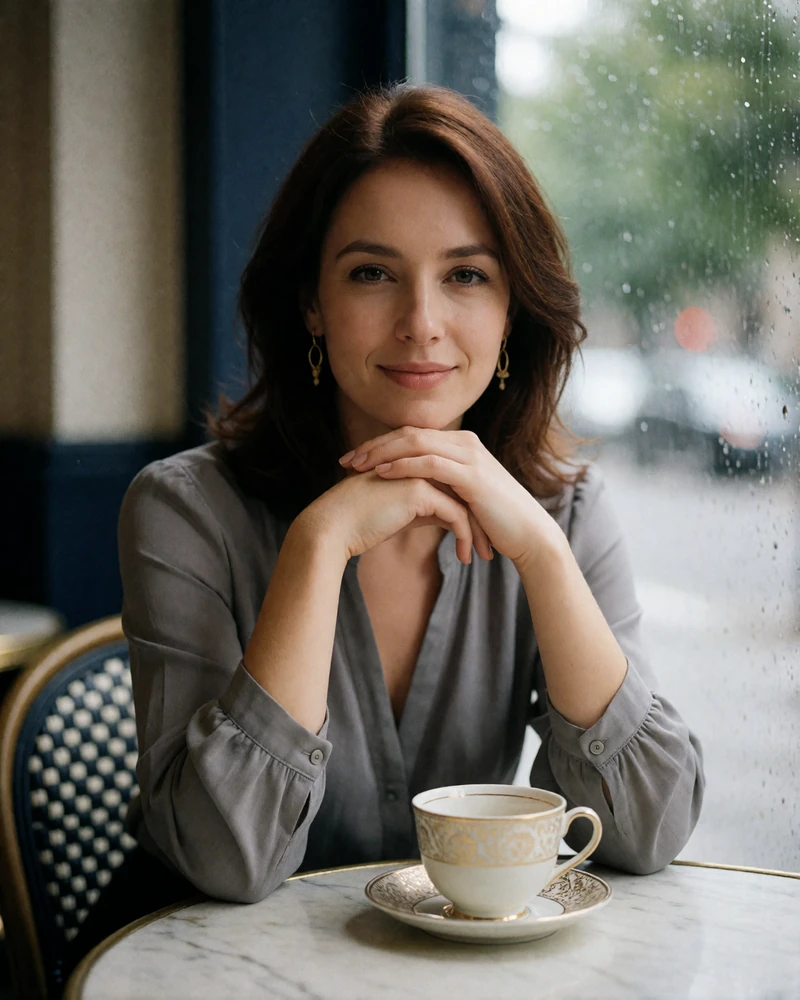 Poised Moldovan woman seated at a small city cafe table smiling calmly at the camera