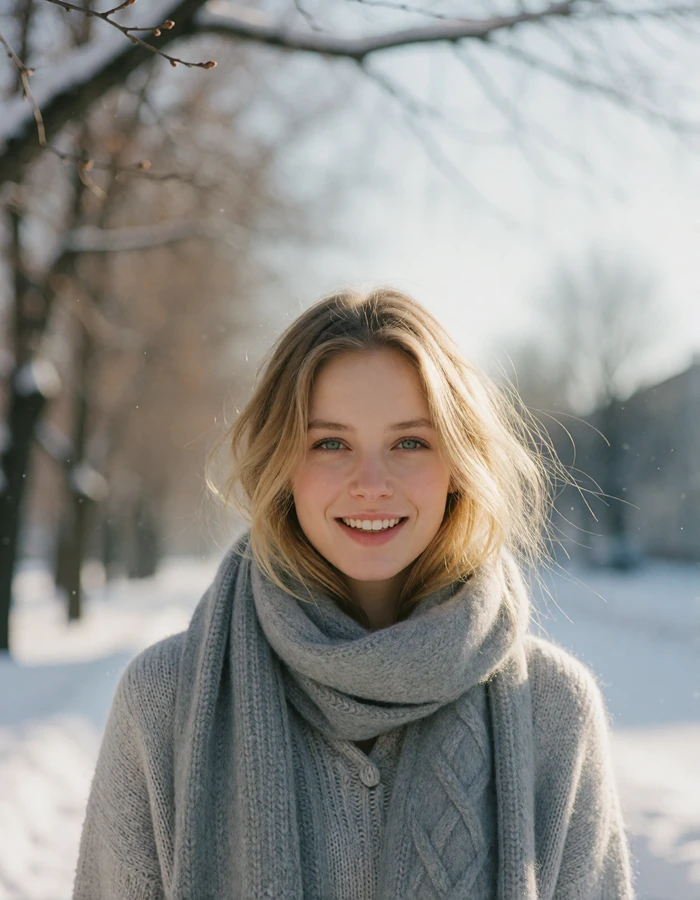 Blonde Russian woman in a grey scarf smiling outdoors on a cold bright day