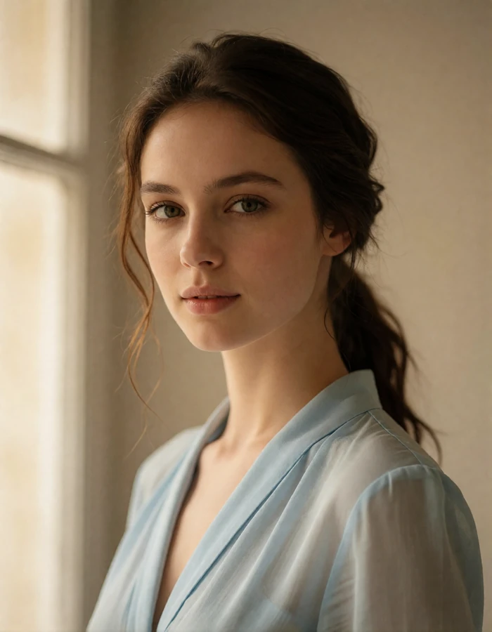 Brunette Russian woman with a low ponytail smiling warmly in soft studio light