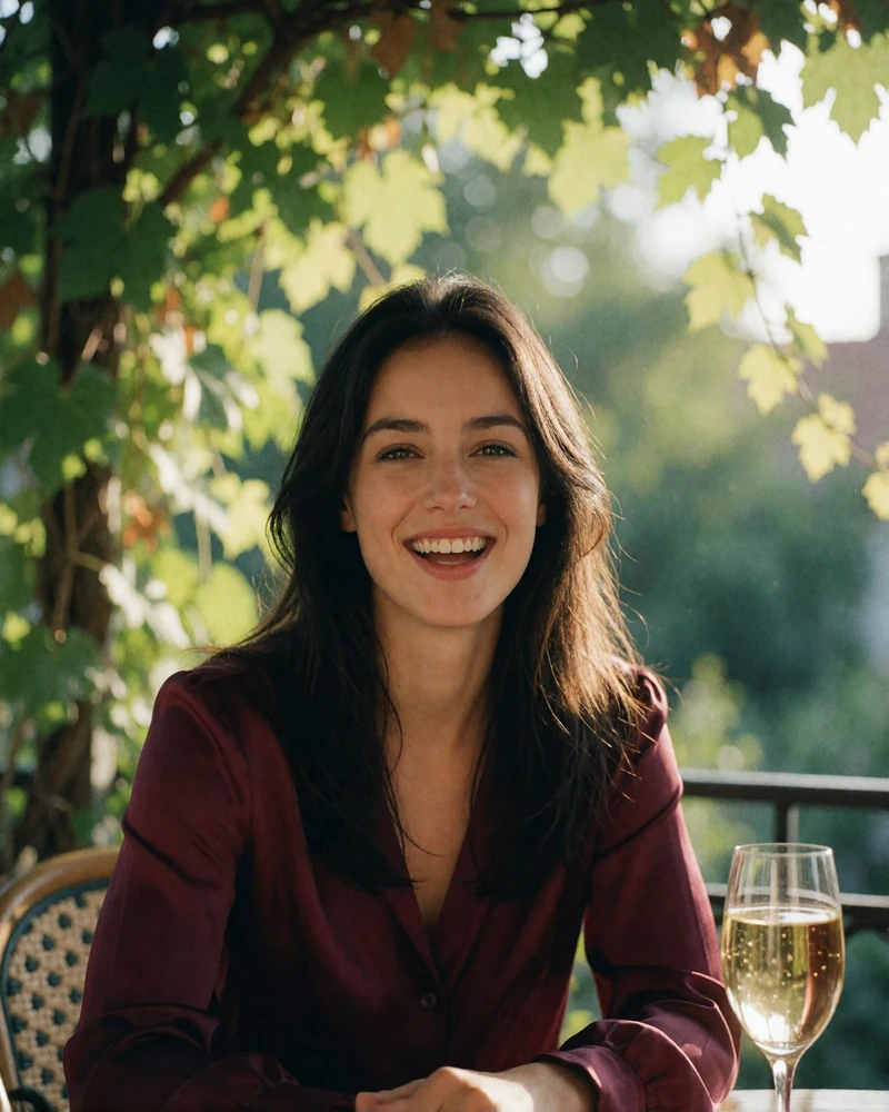 Hungarian woman with long dark hair laughing gently on a vine-shaded wine terrace