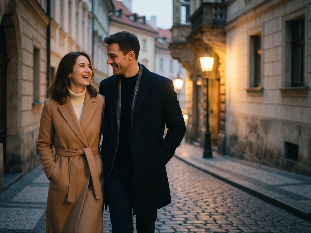 International couple walking closely together along a lamplit Prague old-town lane at dusk