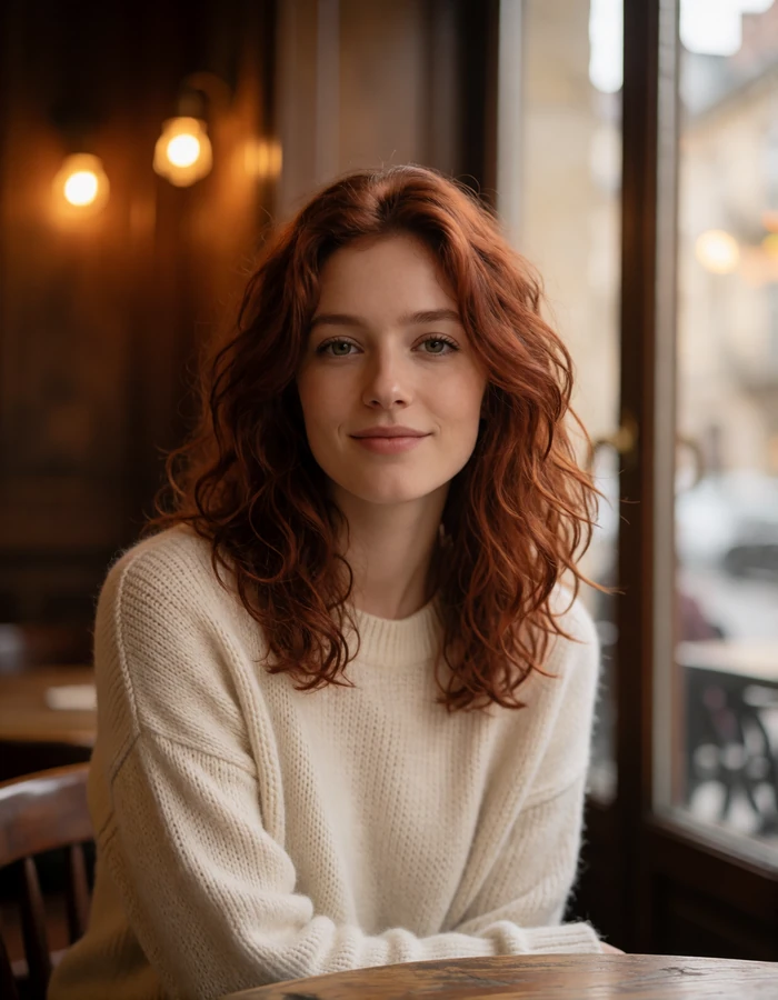 Auburn-haired Ukrainian woman in a cream sweater smiling beside a bright European cafe window