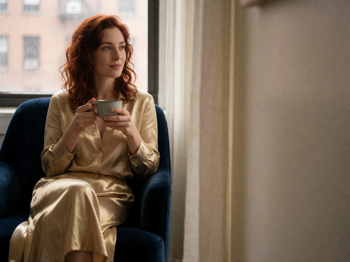 Woman with wavy auburn hair sitting thoughtfully in a velvet armchair by a window, holding a ceramic cup