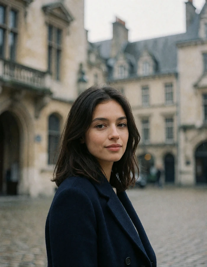 Dark-haired Polish woman in a navy wool coat standing calmly in a quiet historic square
