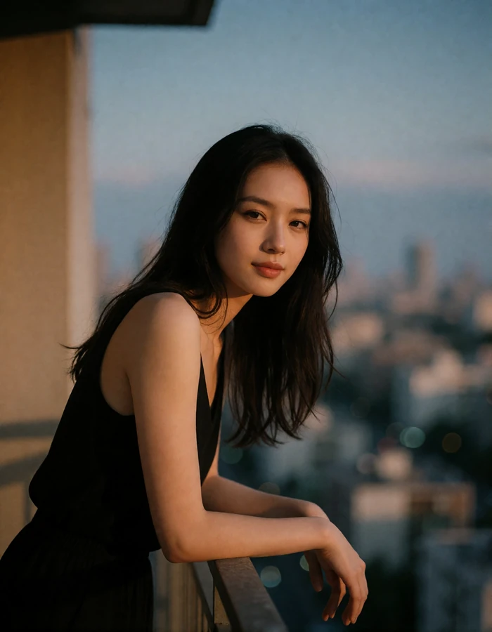 Dark-haired Russian woman leaning on a balcony railing in evening city light