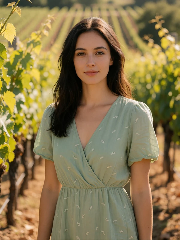 Moldovan woman with long dark hair in a sage-green dress smiling among sunlit vineyard rows