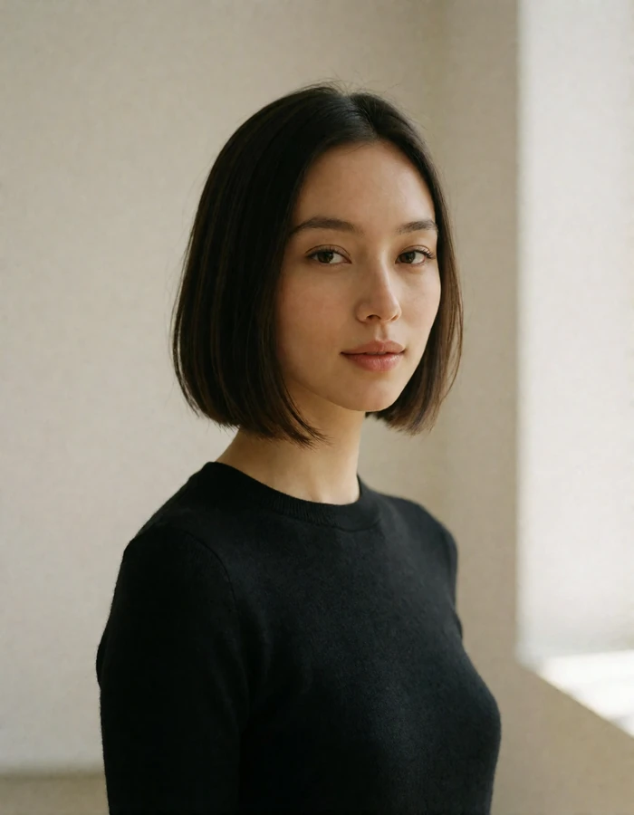Russian woman with a sleek dark bob smiling in a bright minimal gallery interior