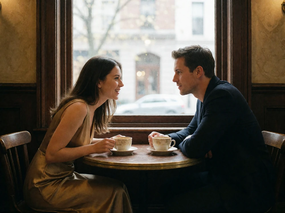 Couple seated across a small round table in a high-ceilinged coffee house, mid-conversation