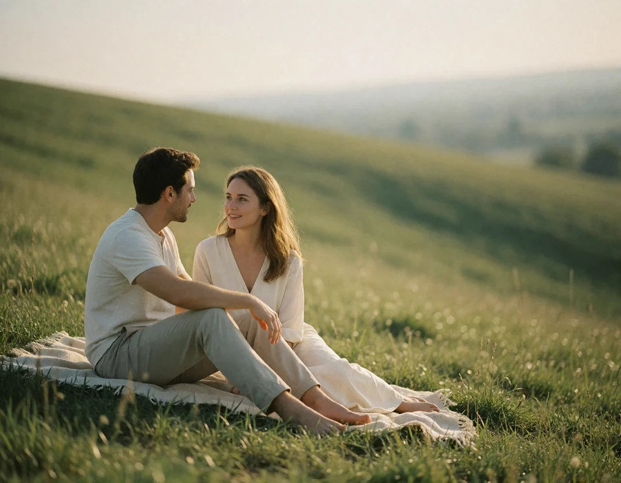Couple sitting on a blanket on a grassy hillside, turned toward each other in quiet conversation
