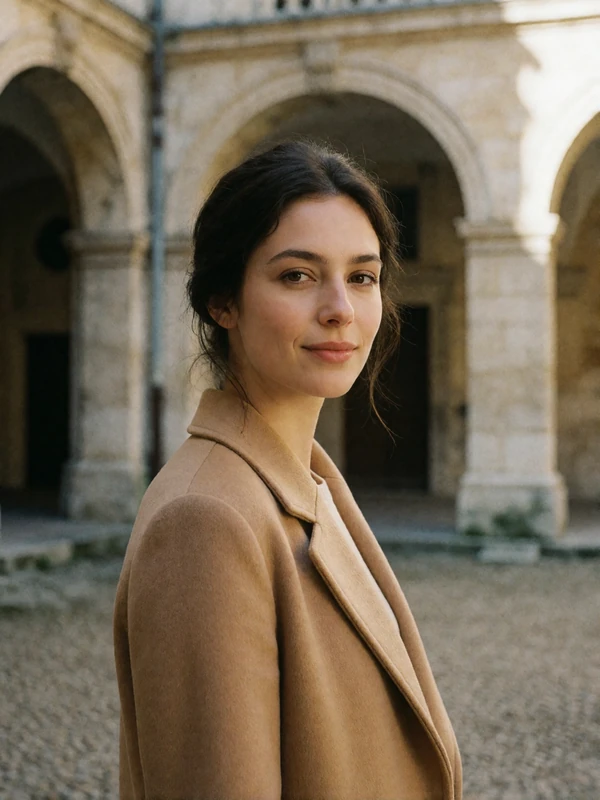 Hungarian woman in a camel coat with hair pinned back standing in an elegant historic courtyard