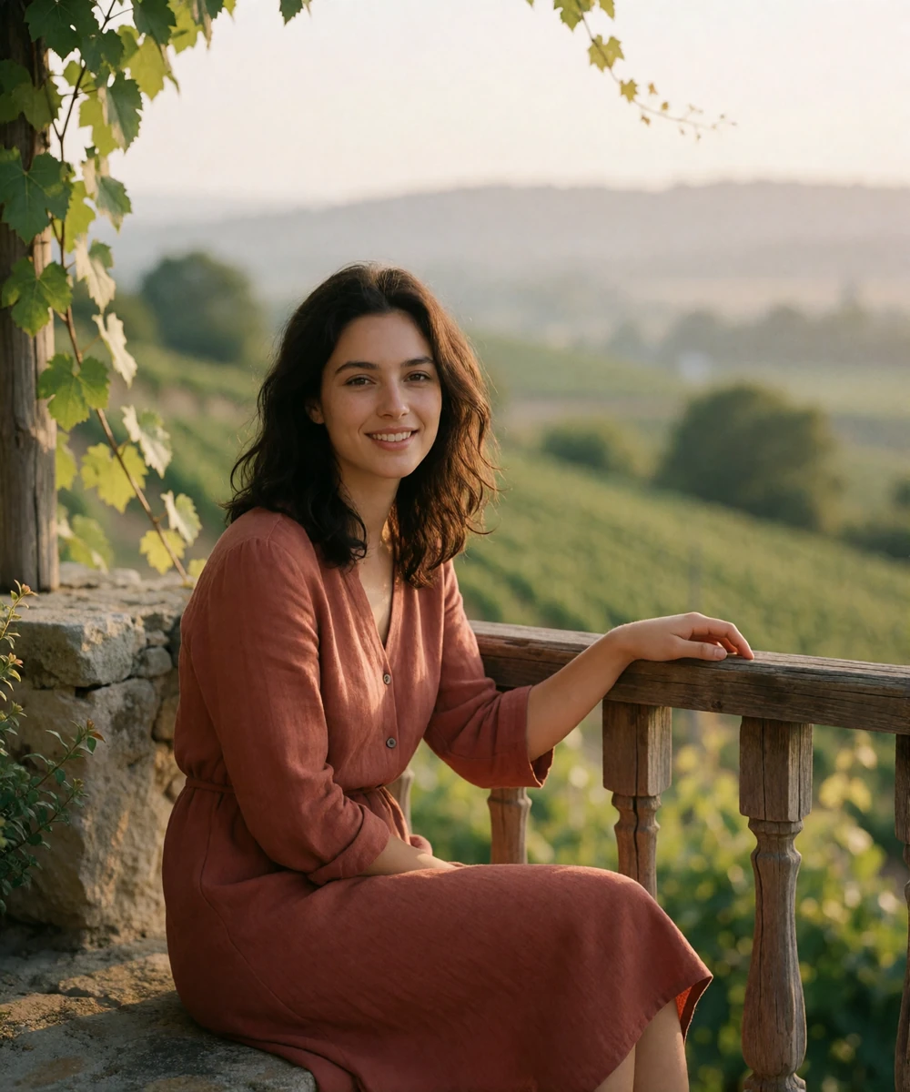 Romanian woman in a rust-coloured linen dress sitting on a sunlit stone terrace above a vineyard valley