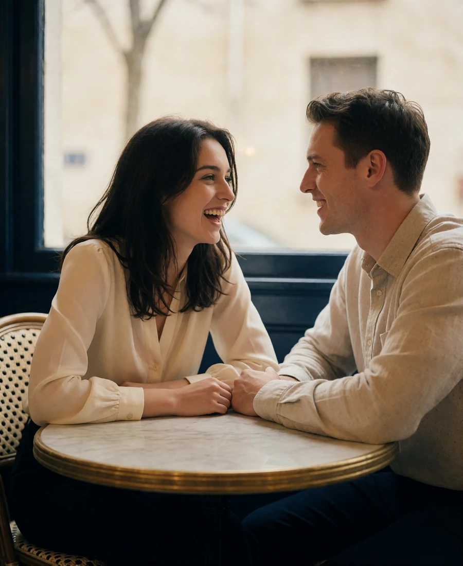 Couple in mid-conversation at a marble café table, leaning in and laughing during an early in-person date