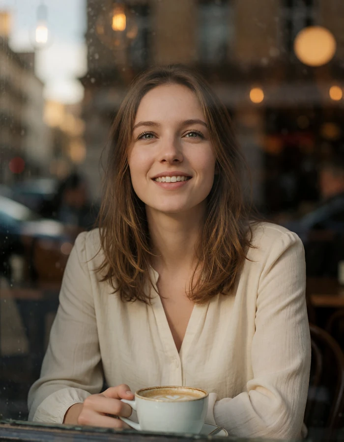 Light-brown-haired Russian woman smiling at a cafe window with a cup nearby