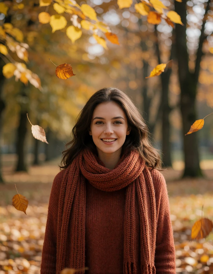 Brunette Polish woman in a rust scarf smiling in an autumn park with golden leaves