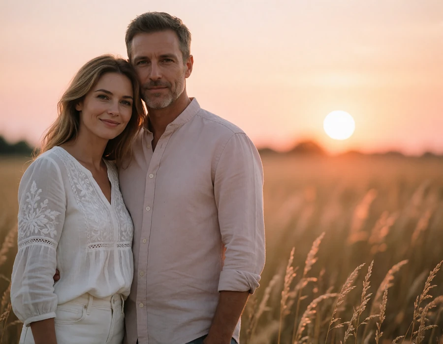 International couple smiling together in a golden field at sunset after arranging an in-person meeting