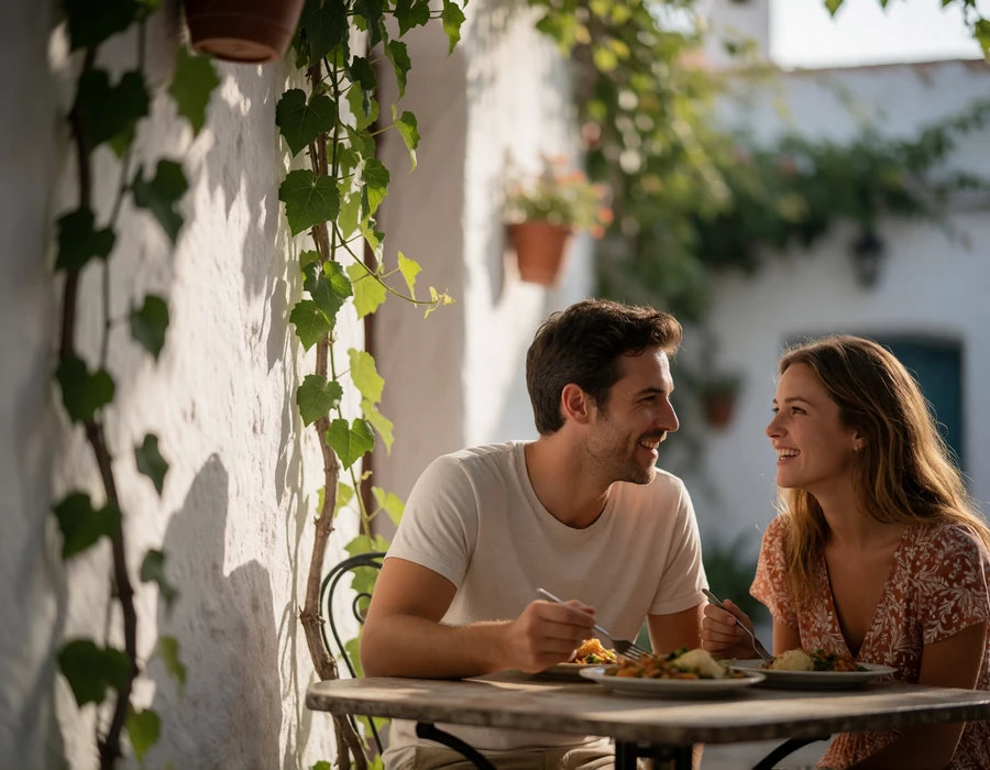 International couple sharing a quiet laugh over lunch at a small table in a sunlit village courtyard