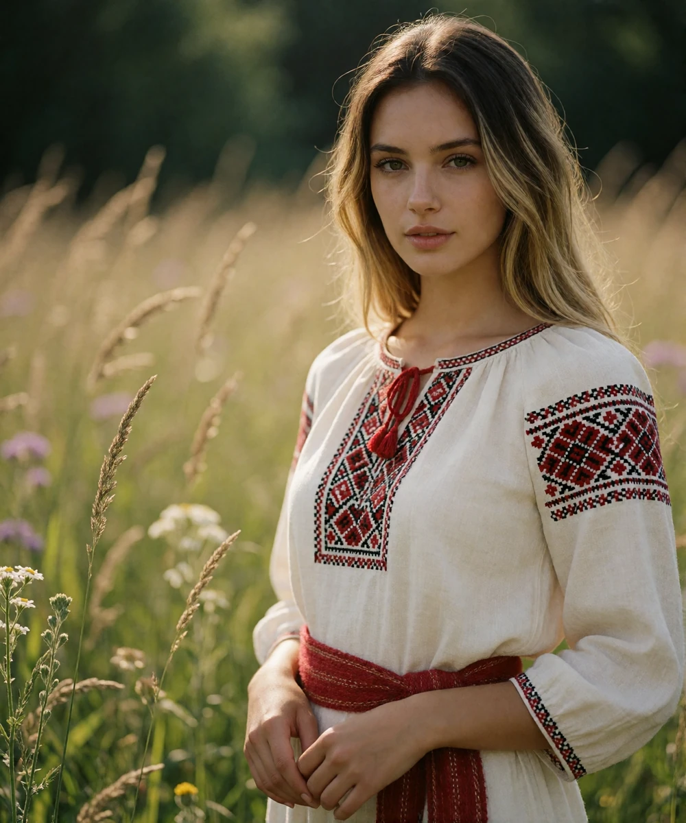 Ukrainian woman wearing a traditional embroidered blouse and red woven sash in a summer meadow