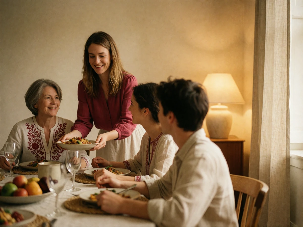 Multigenerational family gathered around a bright dinner table, passing dishes and sharing conversation in a home in Eastern Europe