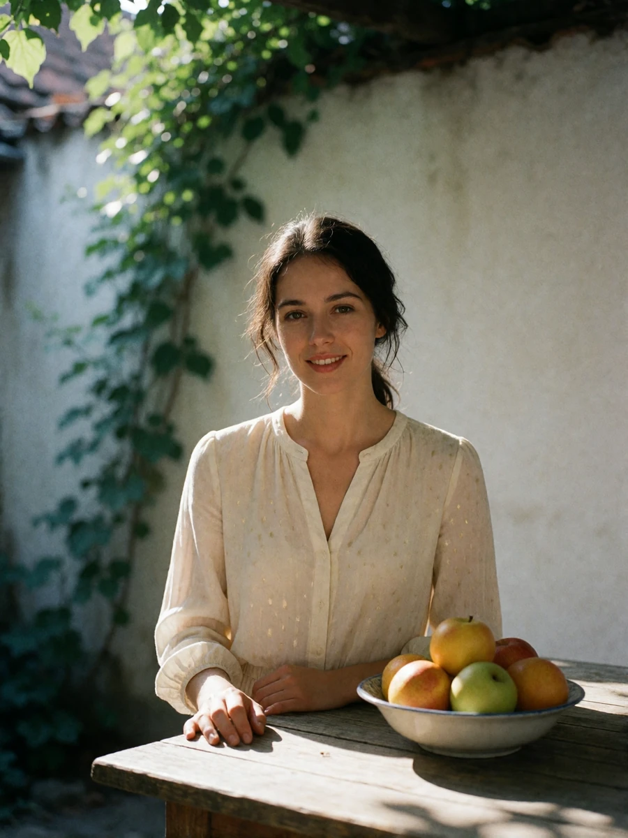 Moldovan woman smiling warmly beside a wooden table in a shaded family courtyard
