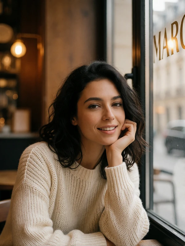 Polish woman with dark wavy hair in a cream knit sweater sitting by a window in an upscale European cafe