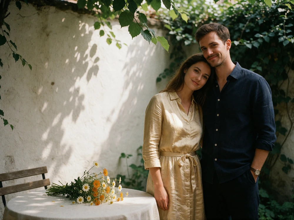 Couple standing together in a shaded family courtyard beside a set table with wildflowers