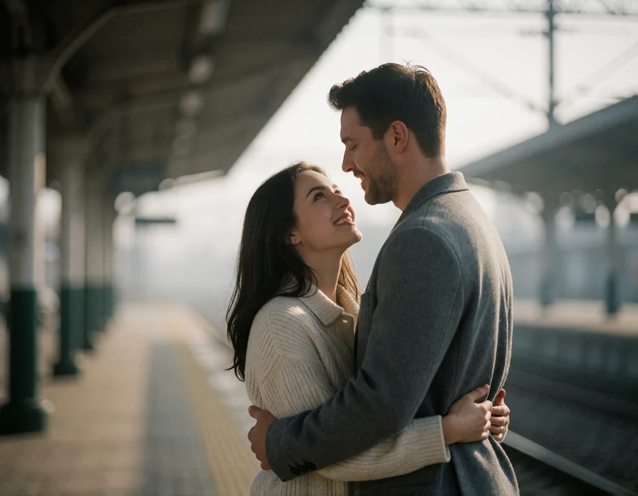 Couple embracing warmly on a railway platform as daylight pours through the station canopy