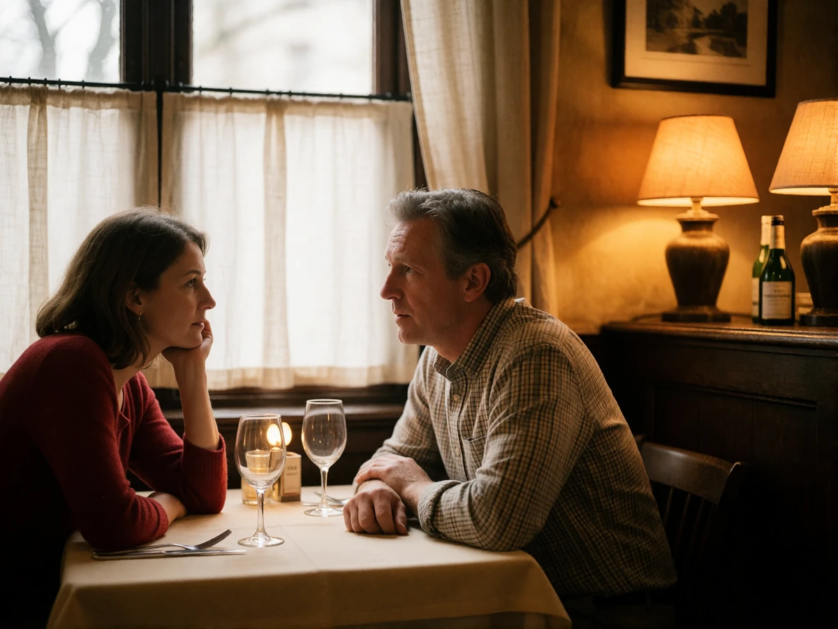 Couple in their forties in deep conversation across a restaurant table, the woman leaning forward attentively