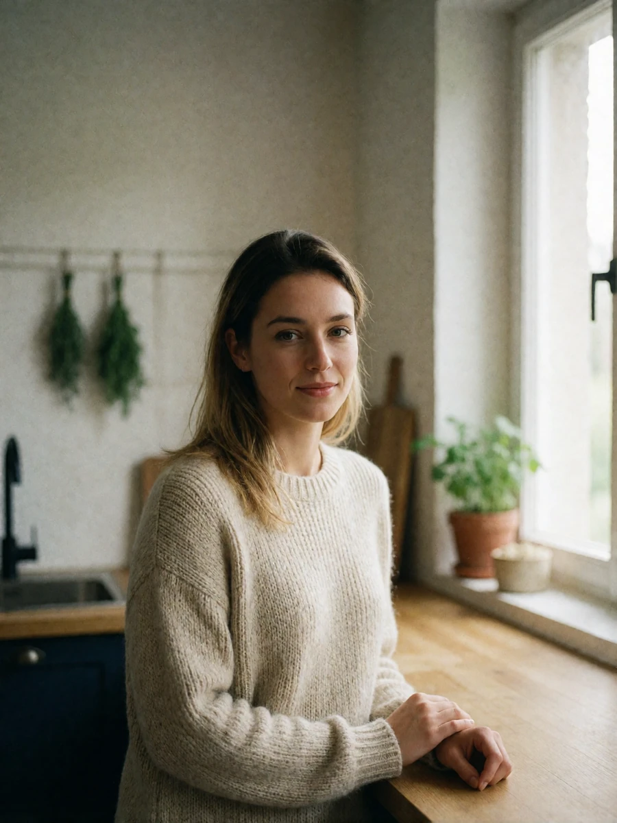 Calm Slovak woman in an oatmeal knit sweater standing beside a window in a bright country kitchen