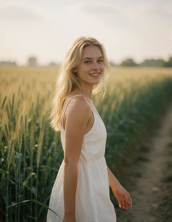 Blonde Bulgarian woman in a white sundress walking along a path beside summer crops