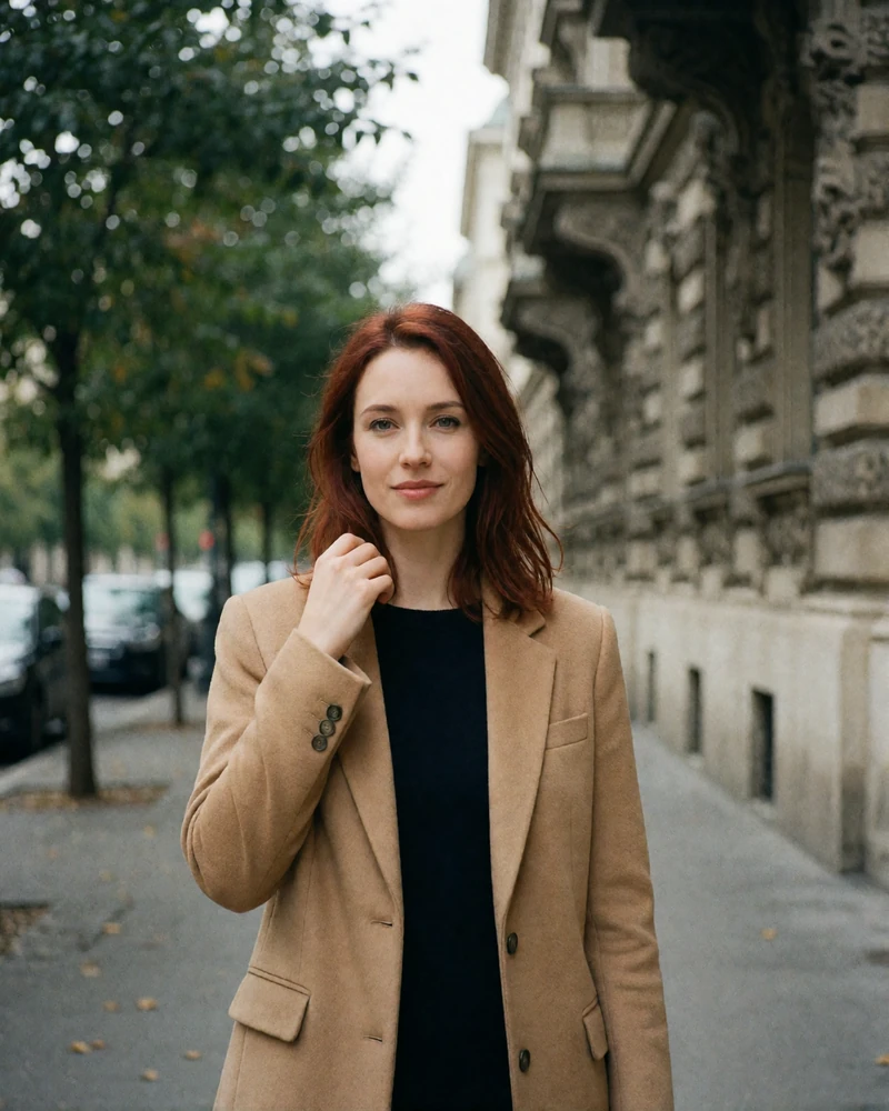 Stylish auburn-haired Hungarian woman in a camel blazer standing on a tree-lined boulevard