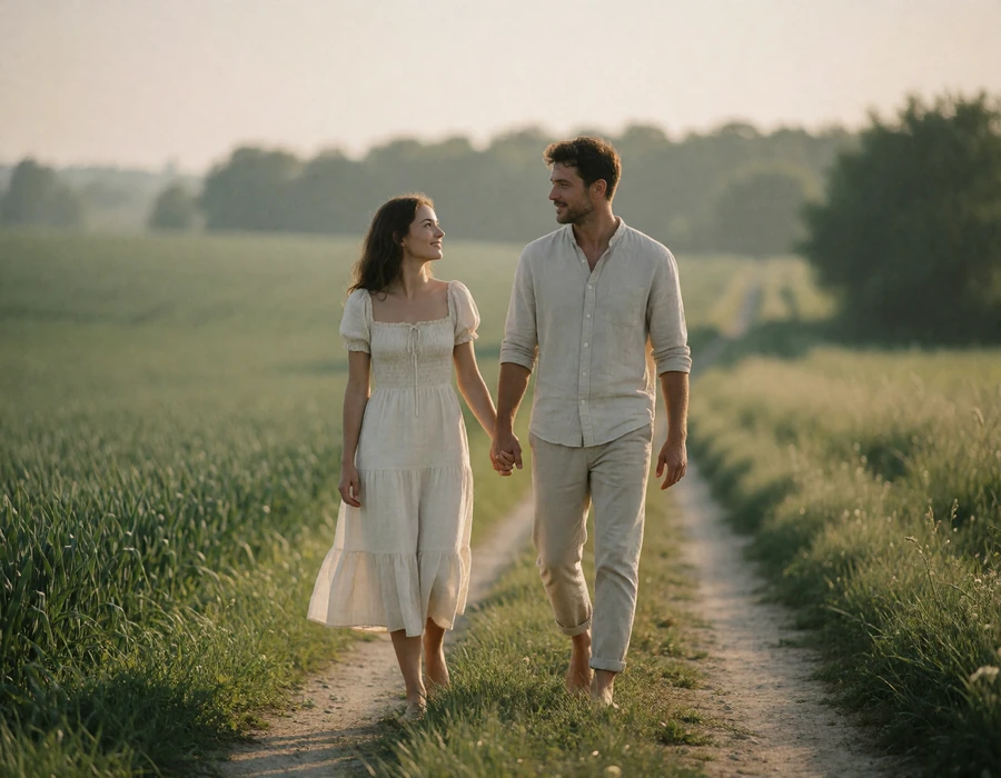 International couple holding hands while walking along a quiet countryside path in late-day light
