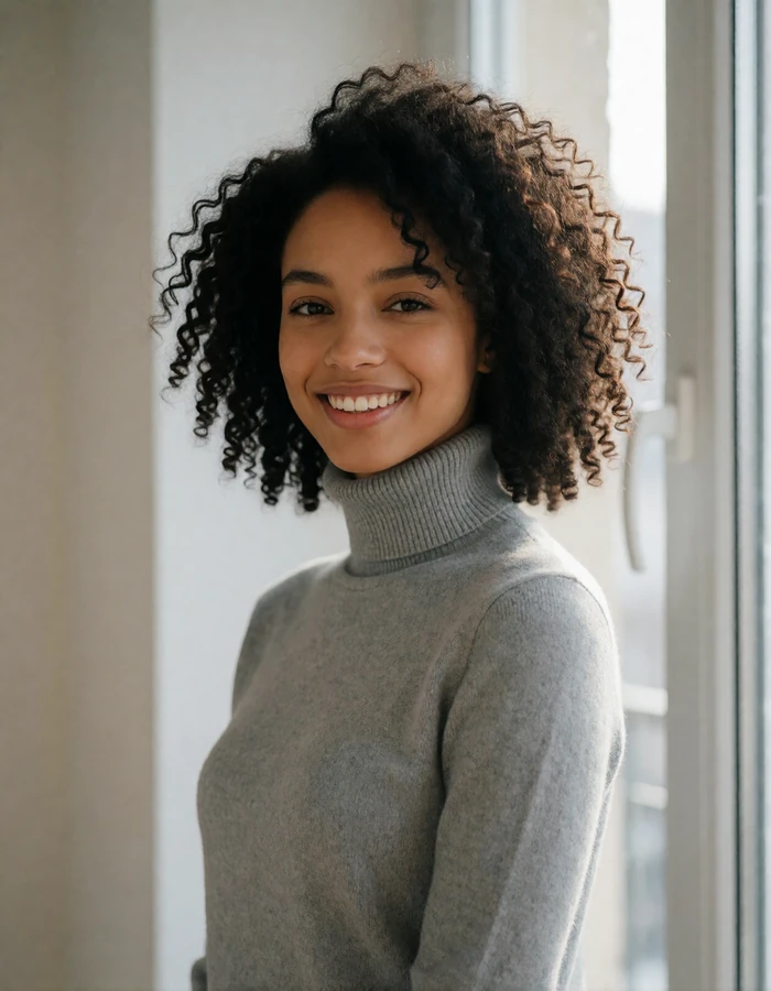 Curly-haired Ukrainian woman in a grey turtleneck smiling near a tall apartment window