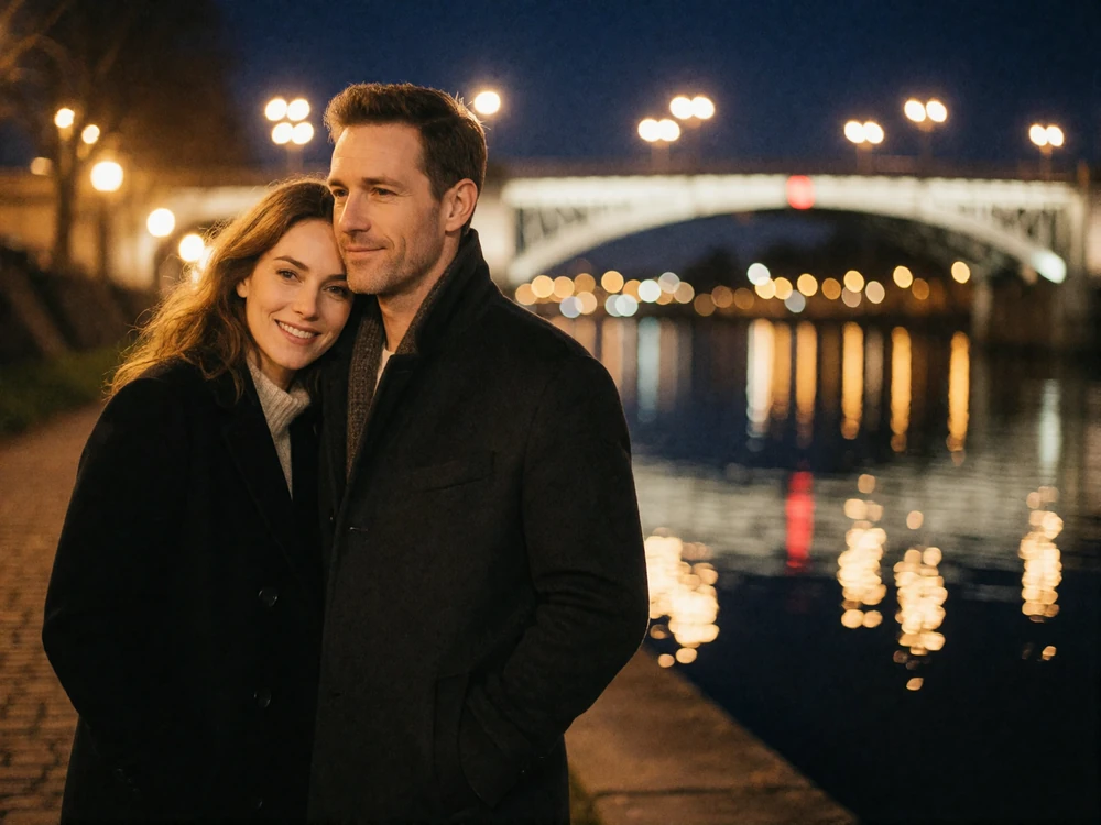Couple standing close on a river embankment at night with warm bridge lights blurred behind them