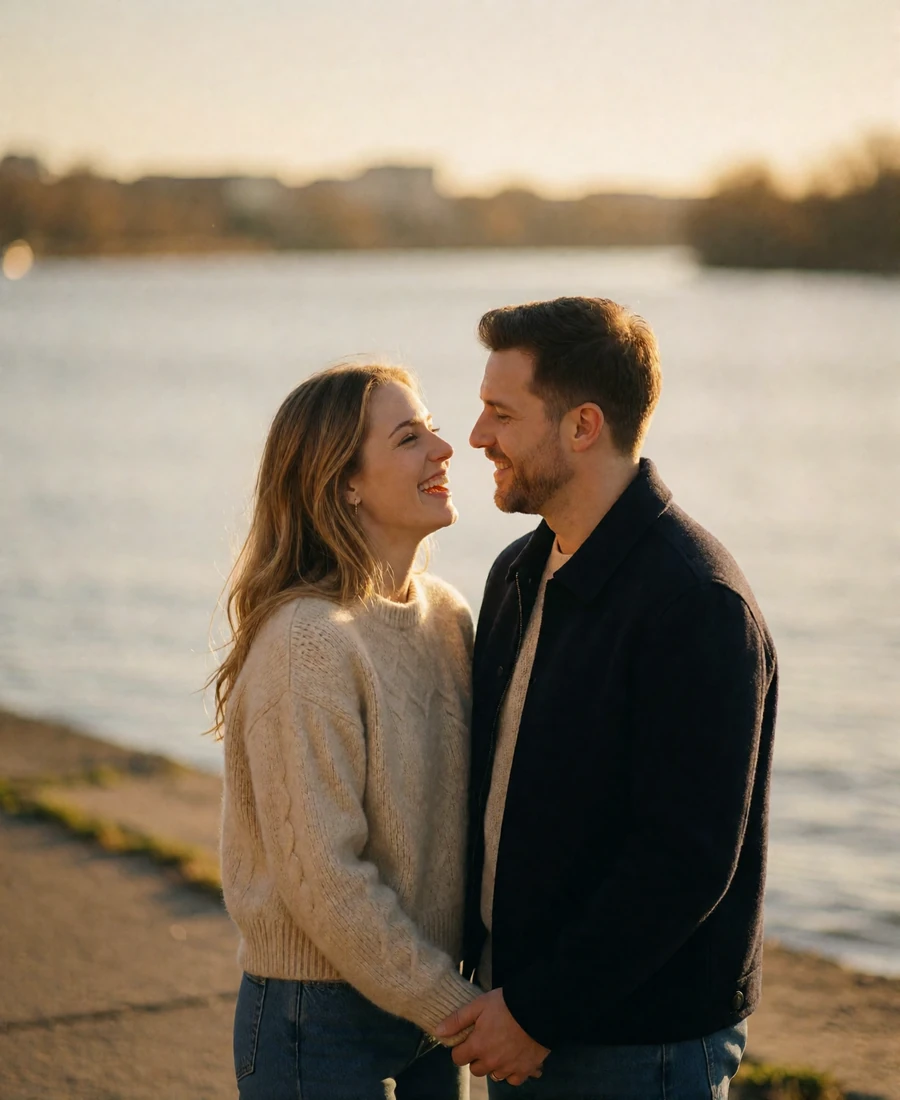 Couple laughing together on a riverside promenade at golden hour, holding hands after months of messaging