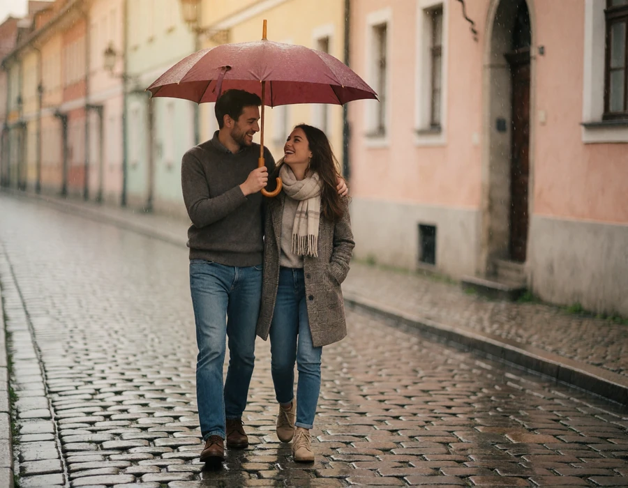 International couple sheltering under an umbrella and laughing together on a rain-slick cobblestone street