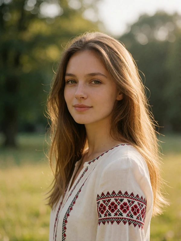 Smiling young Ukrainian woman in a white blouse with crimson folk embroidery standing in a sunlit park